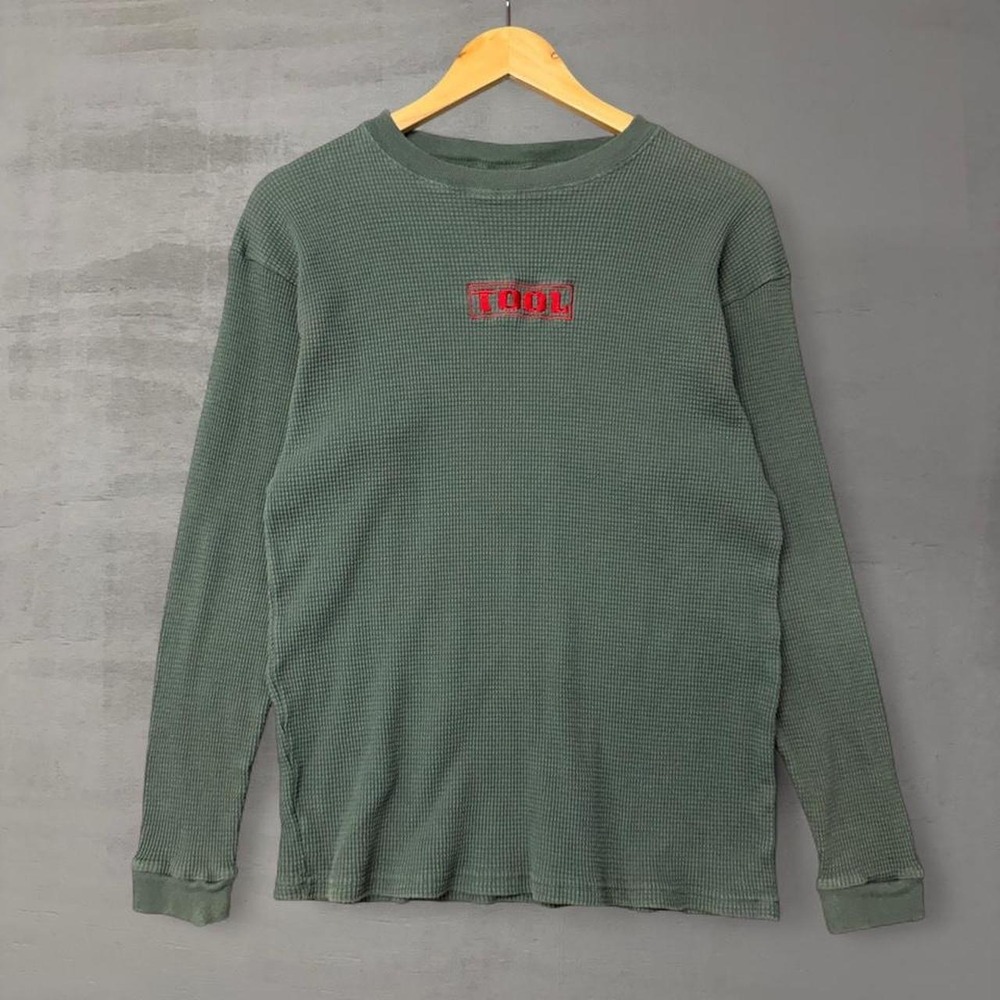Vintage Giant Tag Tool Band Thermal Shirt Green Waffle Knit Embroidered Logo XL
